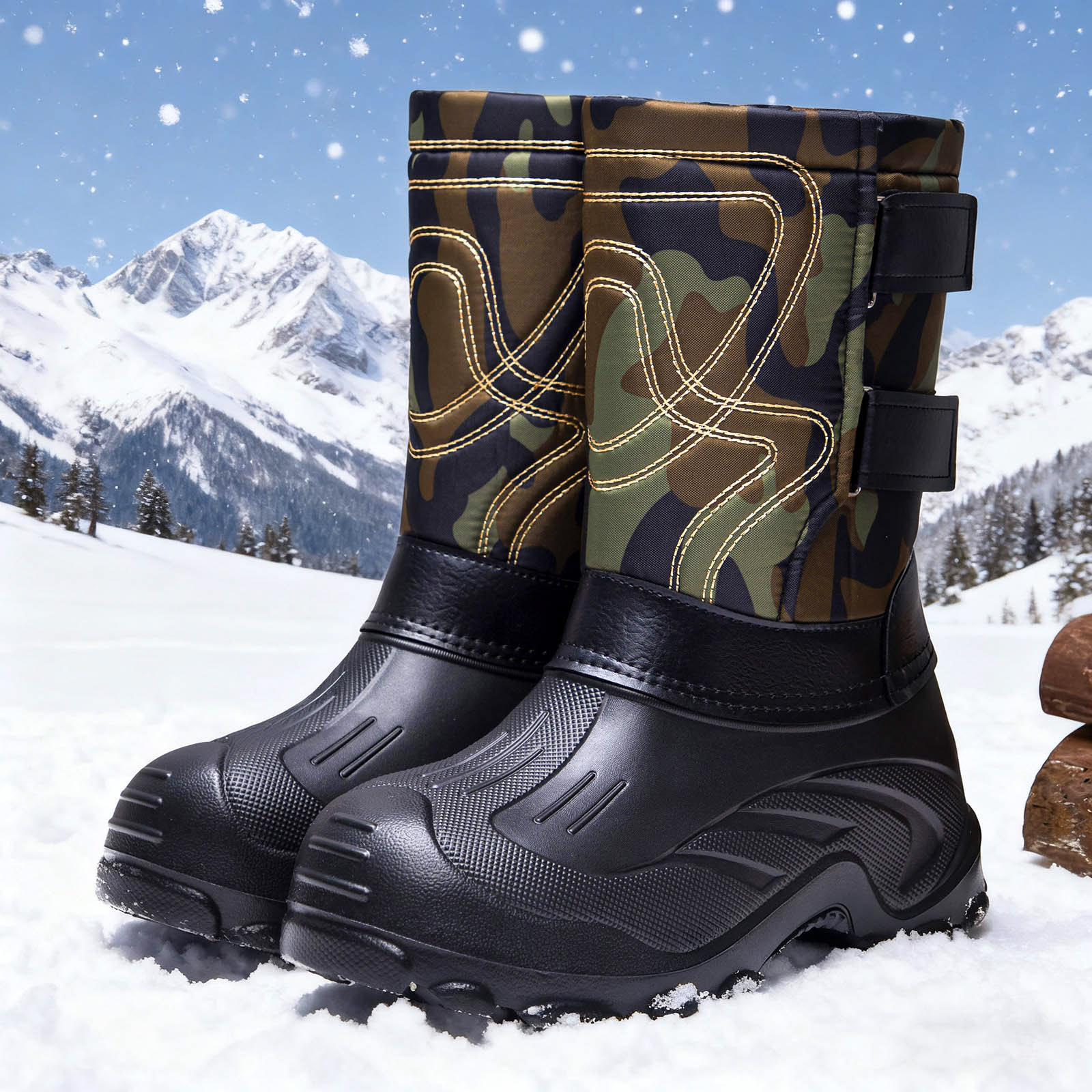 Camo Winter Boots for Men Waterproof Insulated High Top Hook and Loop Snow Booties Anti-Slip Hiking Shoes