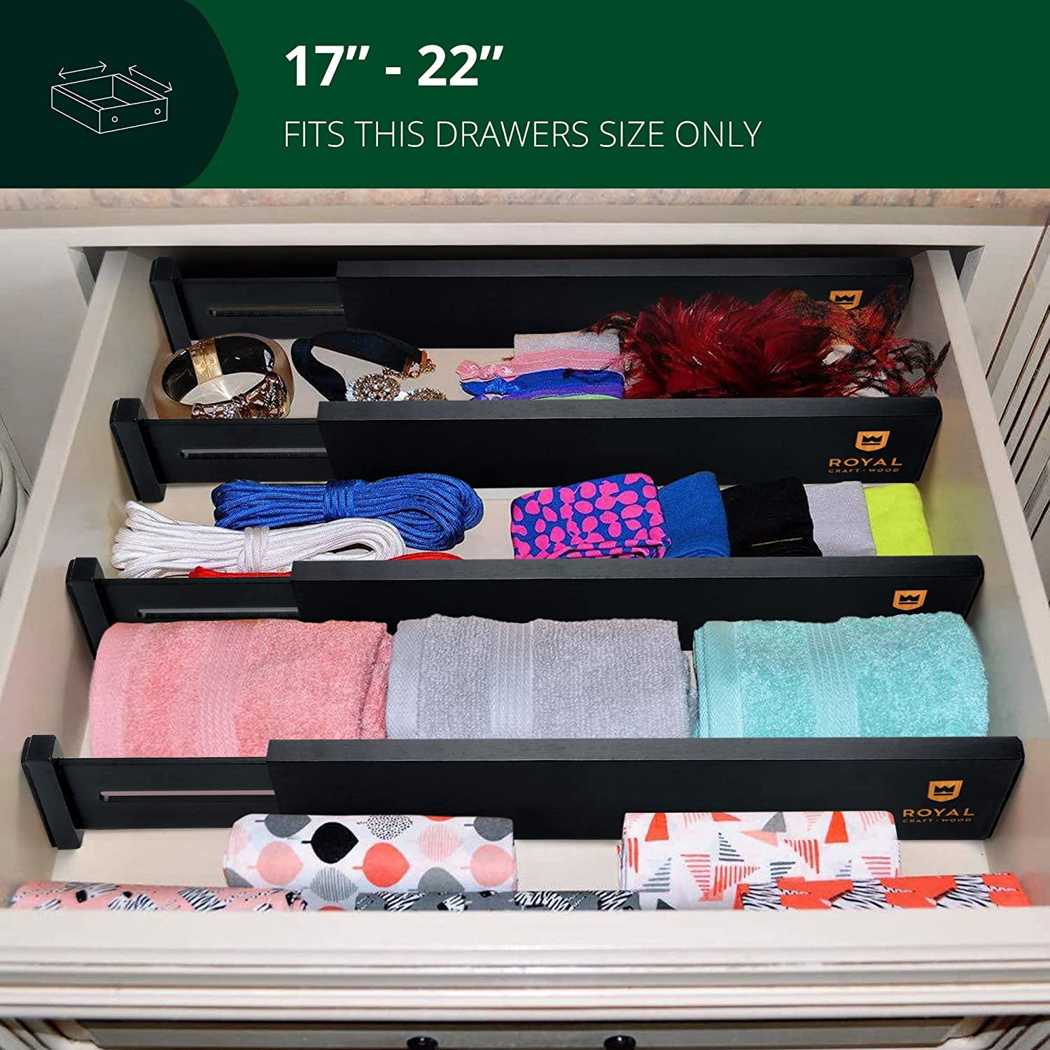 Royal Craft Wood Expandable Bamboo Drawer Dividers 4-Pack – Adjustable Storage Organizer Separators for Kitchen, Dresser, Bedroom, Bathroom, Cabinet & Office Drawers (17–22", Black)