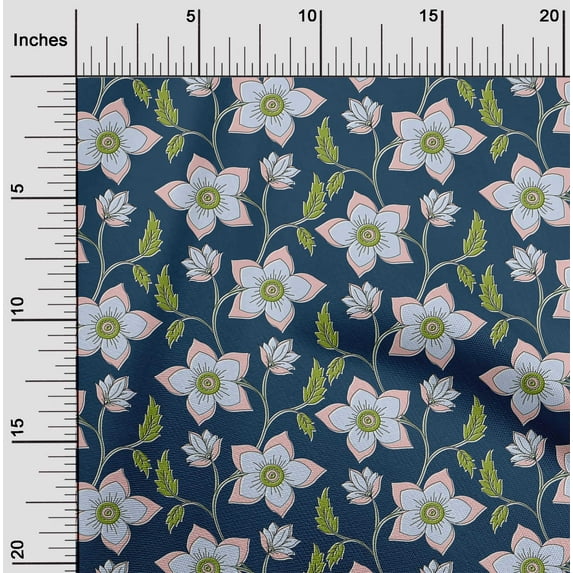 oneOone Cotton Jersey Royal Blue Fabric Leaves & Flower Floral Craft Projects Decor Fabric Printed By The Yard 58 Inch Wide