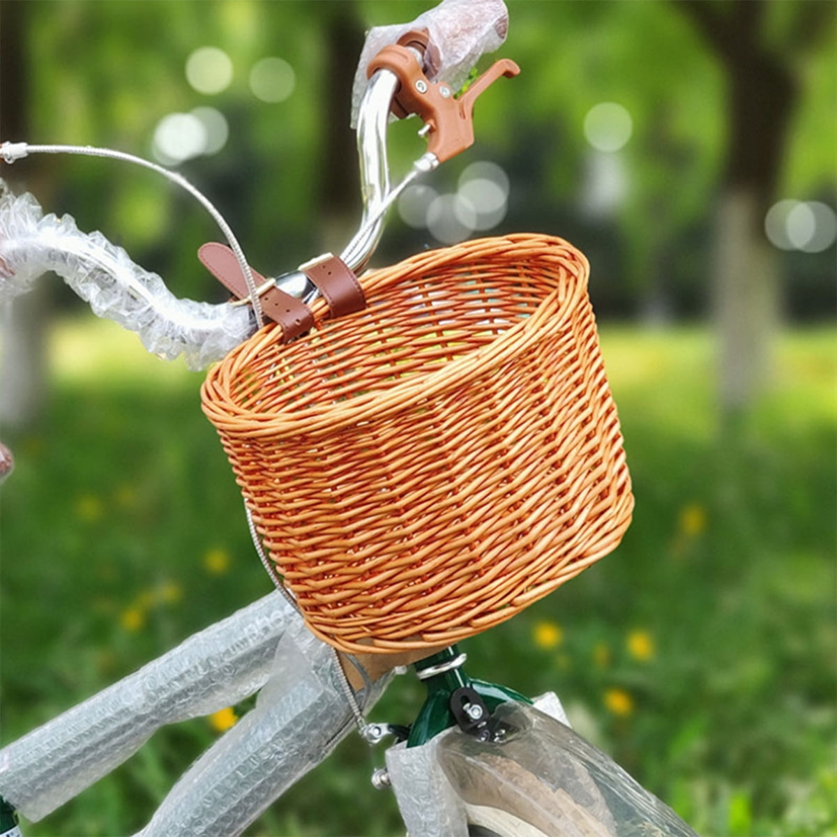 Fashion Childrens Bicycle Front Basket Bike Accessories Retro Handmade Wicker Bicycle Front Basket with Leather Straps Bicycle Wicker Basket 