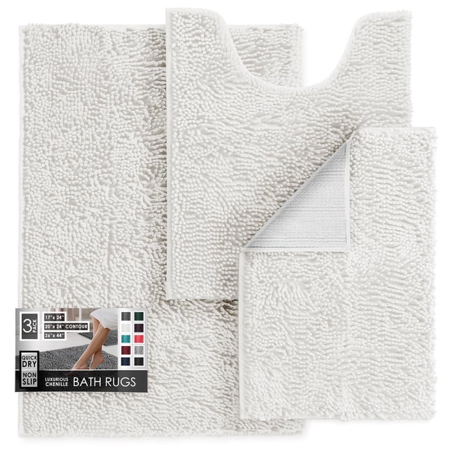 Juego de alfombras de baño de chenilla Hearth & Harbor, 3 unidades, blancas, 43 x 61 — 66 x 111 cm