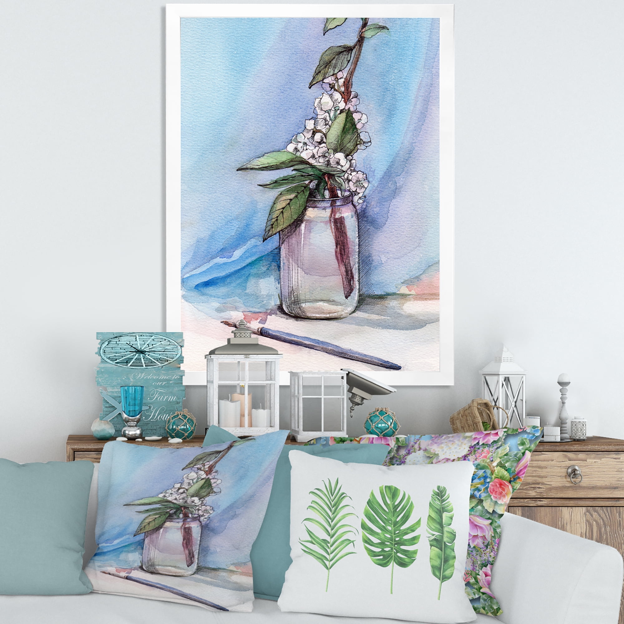 Designart 'Cherry Blossom Flowers In Glass Jar' Farmhouse Framed Art Print