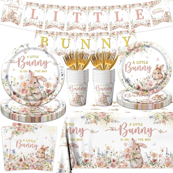 Baby Shower Decorations Tableware Set 142PCS Bunny Theme With Plates Napkins Cups Banner Tablecloth For Spring Easter Party Supplies