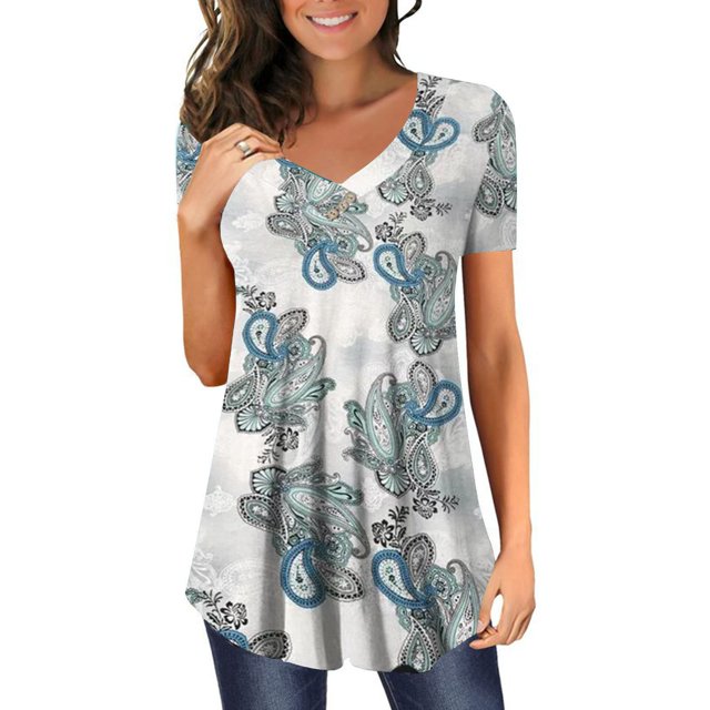 Pompotops Haut/chemise à Manches Courtes Col en V Imprimé Mode Grande Taille pour Femmes Été Liquidation