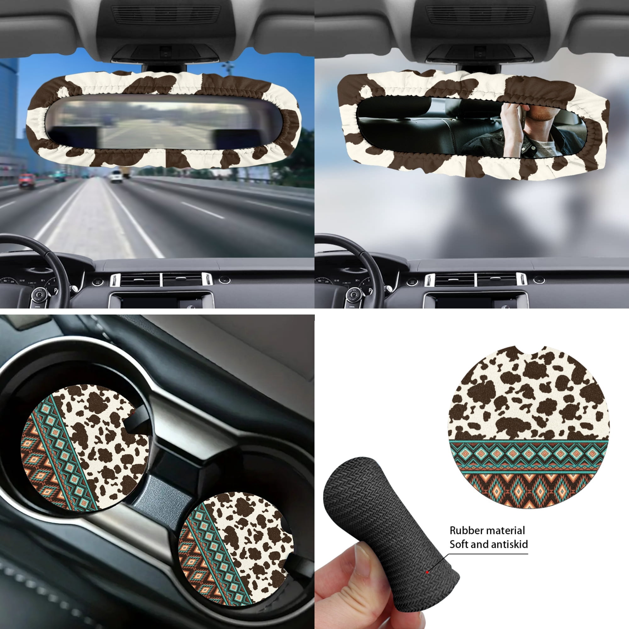 Yuyamidu 14 PCS Aztec Car Seat Cover Set with Steering Wheel Cover Seat Belt Covers Waste Bin Center Console Pad Brown Cow Print Rear View Mirror Cover Handbrake Cover Set Coasters for Truck Sedan