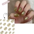thumbnail image 3 of Press on Nails Short Round Glitter Yellow Nude Stick On Nails 24Pcs Cat Eye Fake Nails for Women Girls, 3 of 7