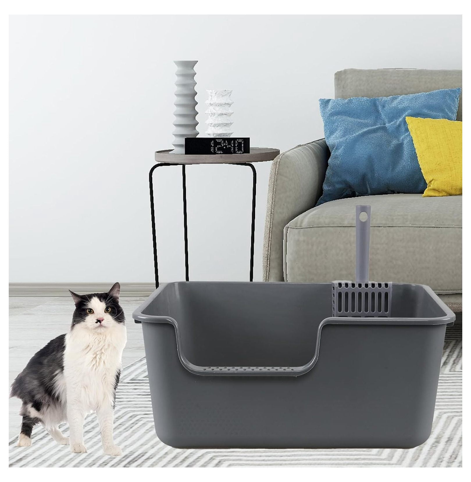 Cat Litter Boxes 4-Pack, Large High-Sided Litter Pan, Grey - Open Top Cat Toilet Tray, Easy Entry for Older Cats, Durable Plastic, 19.6 x 15.2 x 8.7 Inch