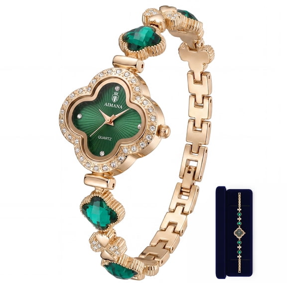 Gold Watches for Women, Rose Gold Tone Bracelet Watch for Ladies Jewelry, Vintage Quatrefoil-Shaped Green Dial, Small Analog Quartz, Adjustment Tool Included