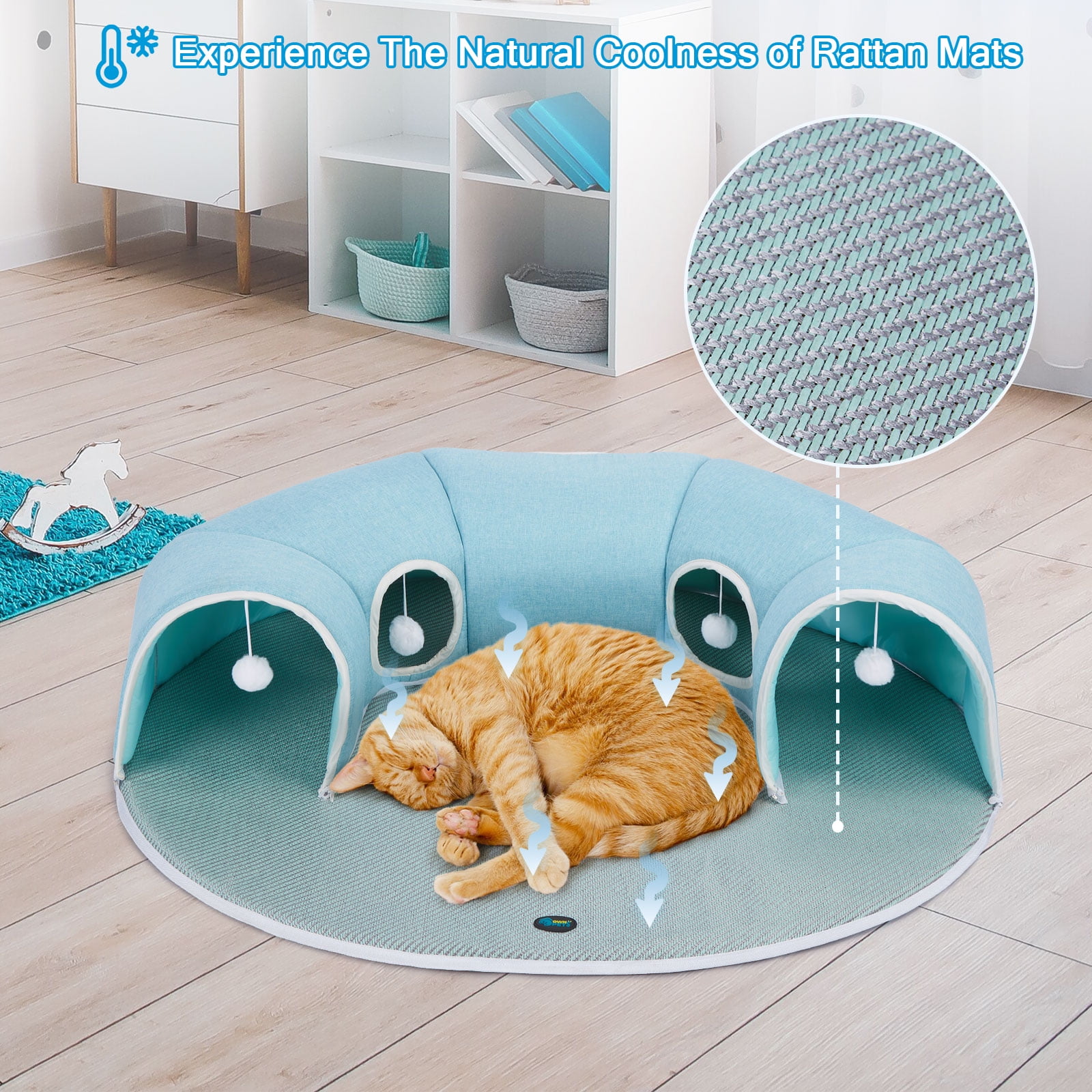 Ownpets 2 in 1 Detachable Cat Tunnel Bed Cooling Pad Cave Interactive Play Toy Rabbit Kitty