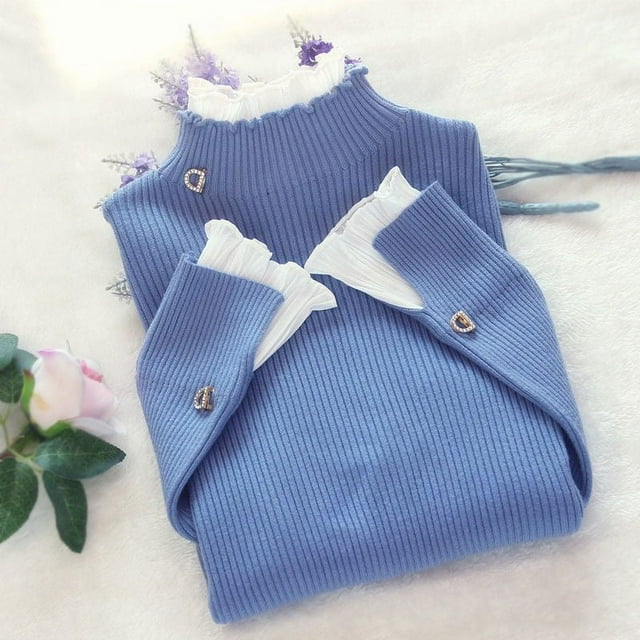 Suéter de punto, suéter de base de cuello semialto, suéter falso de dos piezas, cuello de oreja, parte superior de manga de mujer para otoño e invierno