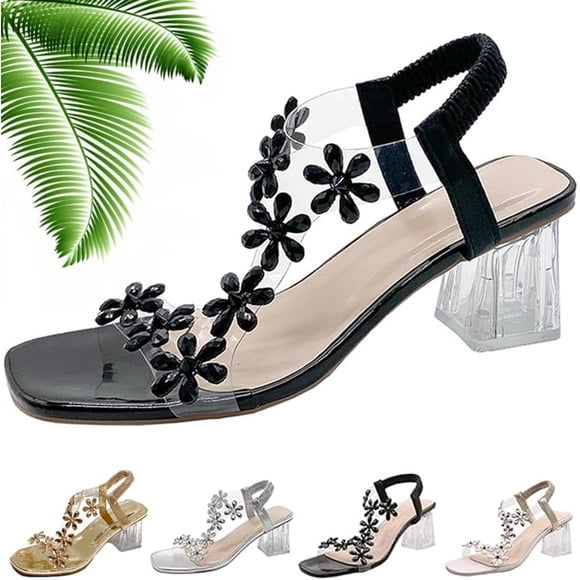 Sandalias de tacón de bloque de cristal floral transparente para mujer, tacones de punta cuadrada, sandalias elegantes sexys con correa de tobillo elástica a la moda