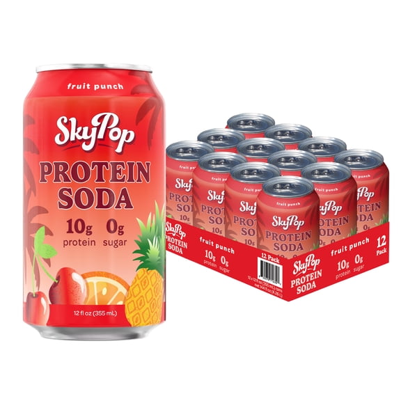 SkyPop™ Protein Soda - Next-Generation Soda Crafted with Bold Flavor, 10g of Whey Protein, & Only 45 Calories - No Artificial Flavors or Colors - Sugar, Gluten & Caffeine Free (12 Pack, Fruit Punch)