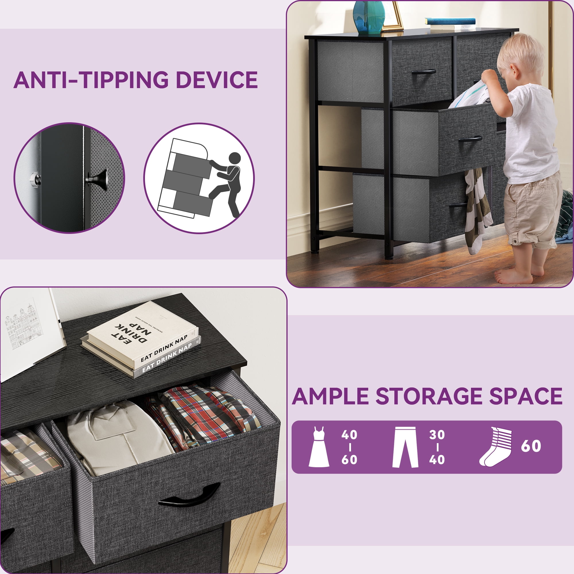 Uforic Black Gray 5-Drawer Fabric Dresser with Steel Frame, Wooden Top & Easy-to-Pull Handles for Adults