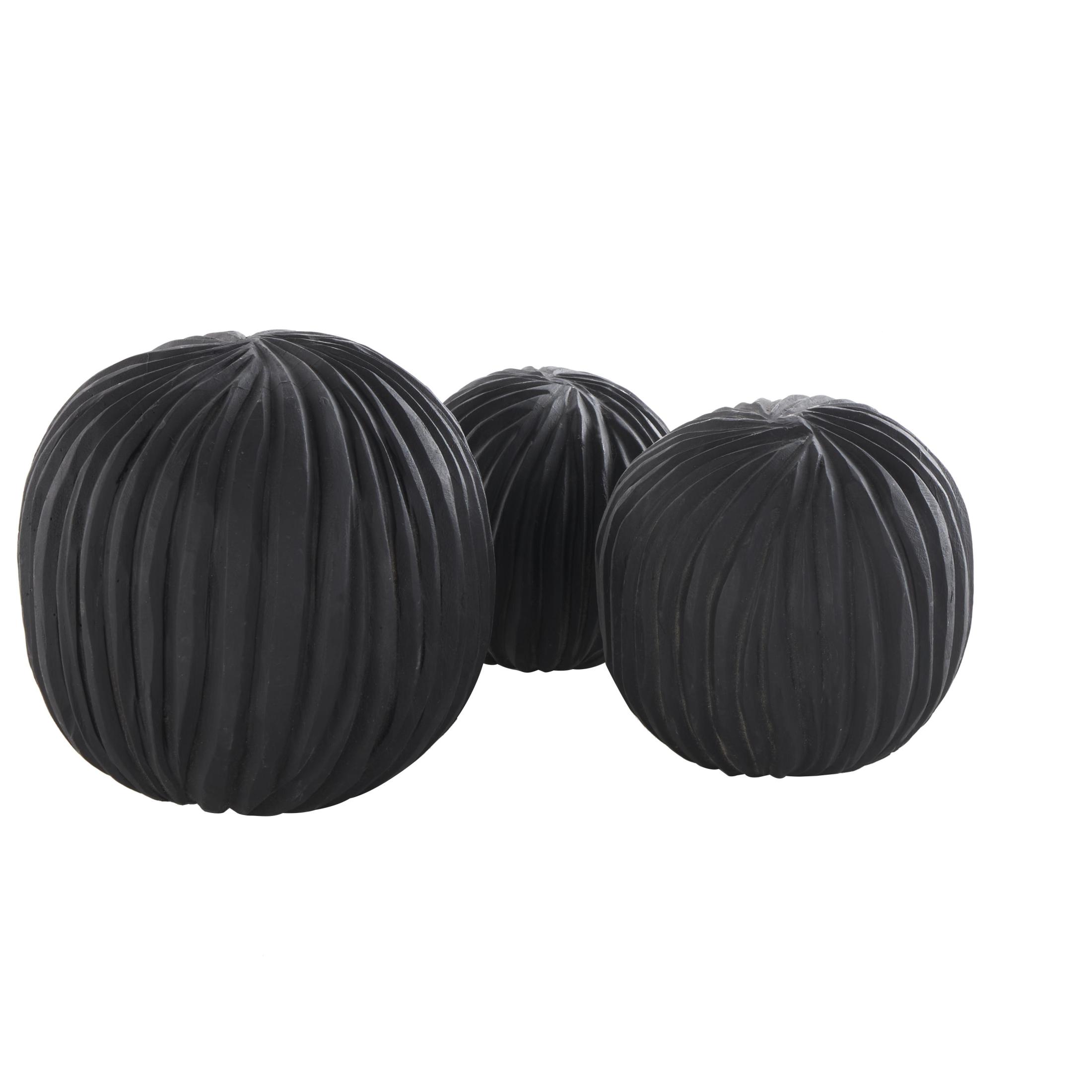 DecMode Black 6" Handmade Carved Textured Teak Wood Orbs & Vase Filler with Wavy Ridges (3 Count)