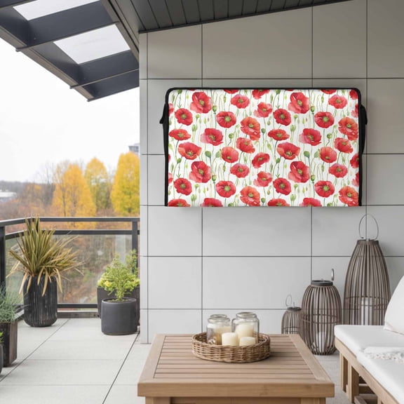 Outdoor TV Cover 58x37x4.5in, Pastoral Poppy Floral Field Weatherproof TV Screen Protector with Zipper, Watercolor Red Flower Plant Outside Television Cover Fits Up to 60-65"