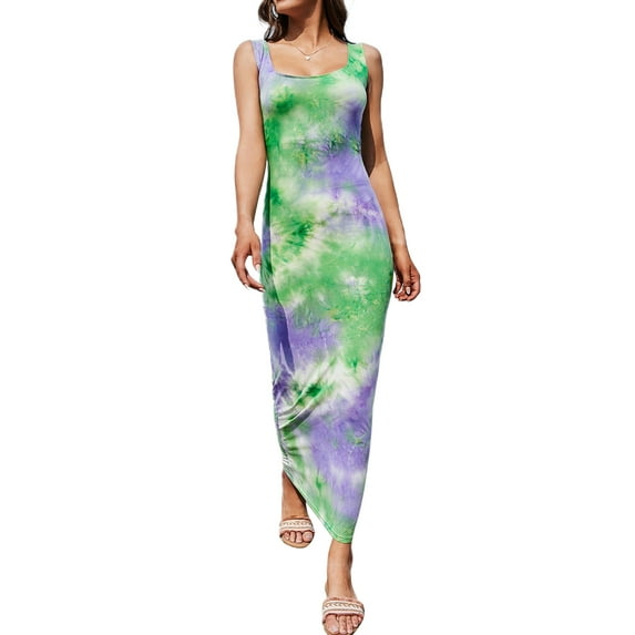 Liacowi Women Tie Dye Print Bodycon Maxi Tank Dresses Sleeveless Summer Sexy Scoop Neck Long Dresses Slim Fit Beach Streetwear