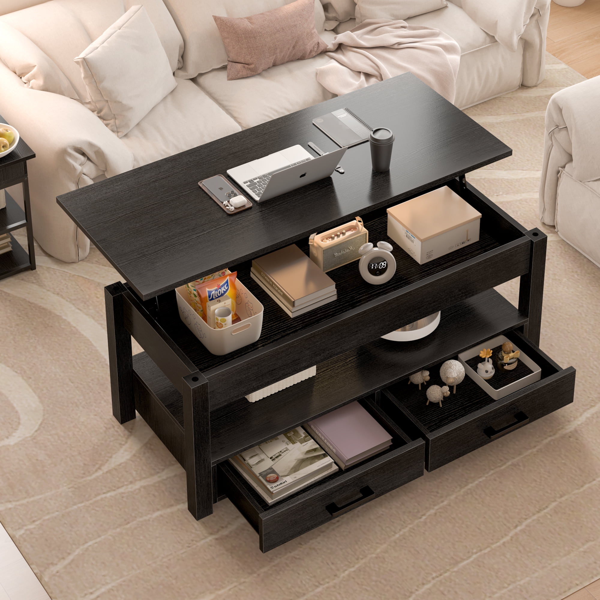 GUNAITO Lift Top Coffee Table with 2 Drawers,Wooden Convertible Coffee Table with Storage for Living Room,Center Table,Black,42"