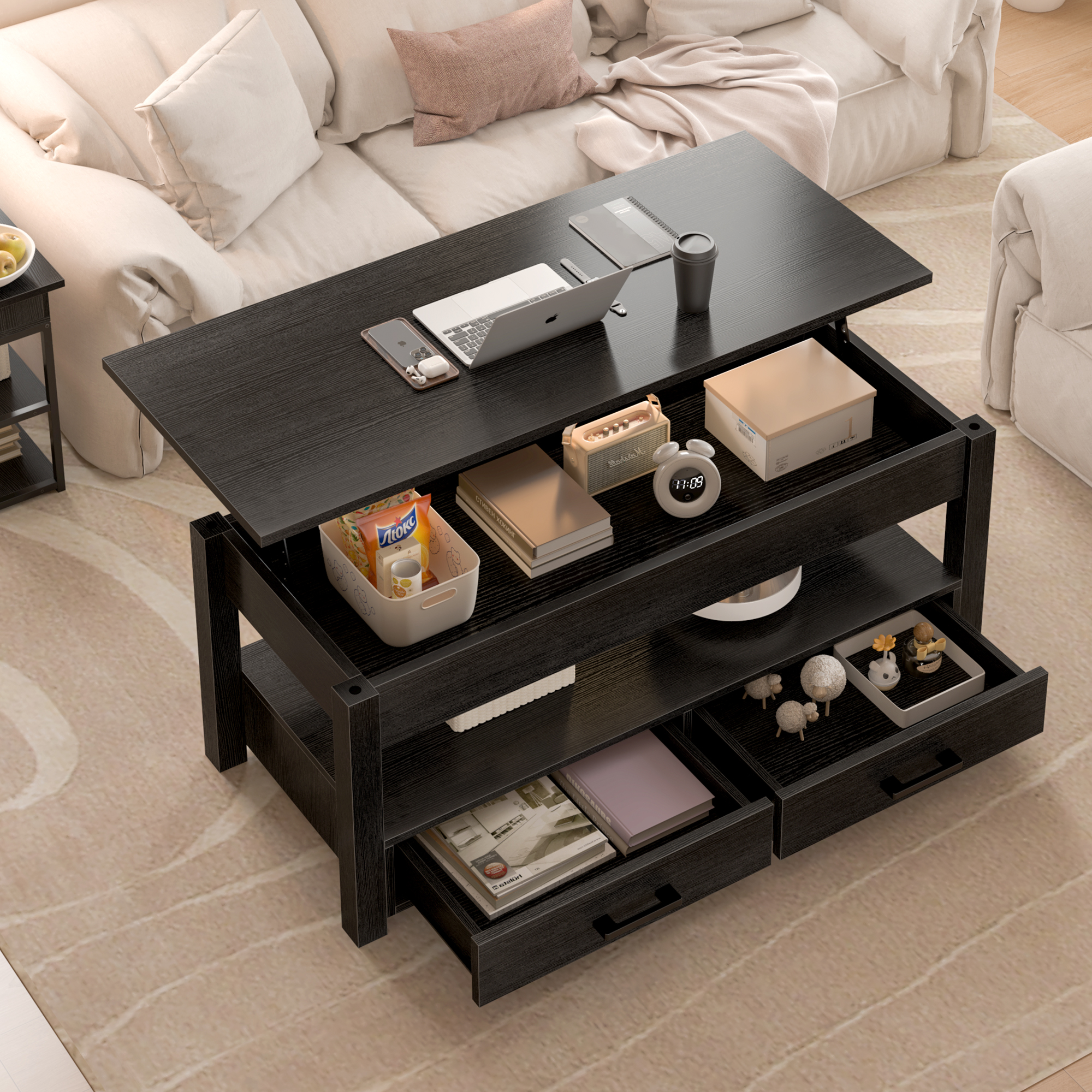 Gunaito Lift Top Coffee Table with Drawers, Black photo 4