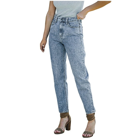 Women's Straight Leg Jeans Washed Stretch High Waisted Denim Pants Girls Casual Distressed Fall Spring Trousers