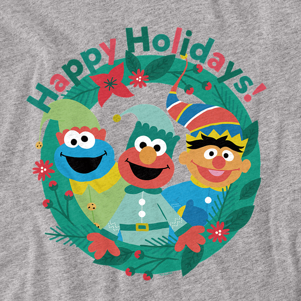 Sesame Street Happy Holiday Christmas Elves Unisex Adult Long-Sleeve T Shirt, Athletic Heather, Small