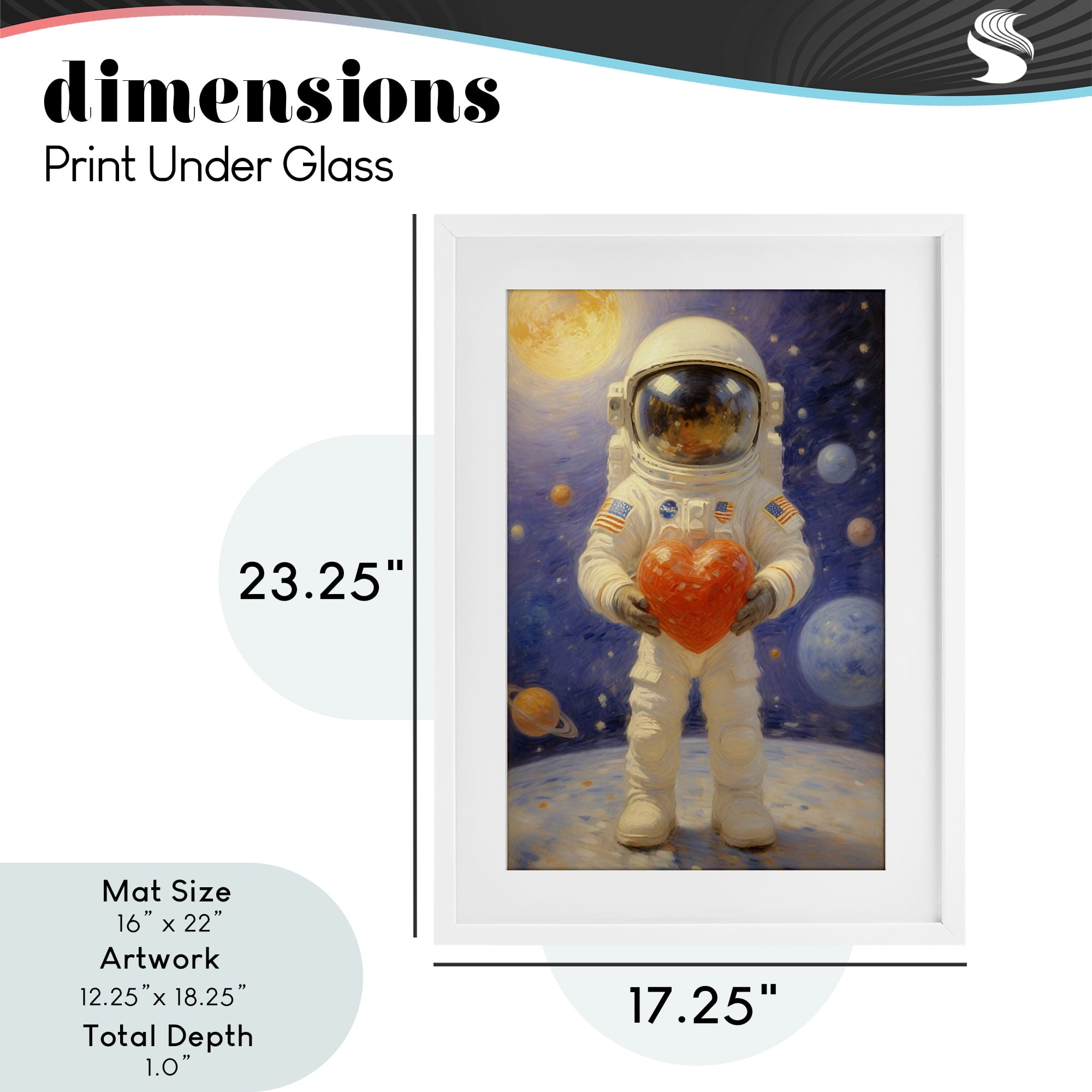 Astronaut Holding Heart White Framed Print Under Glass, design by Angie Hawke
