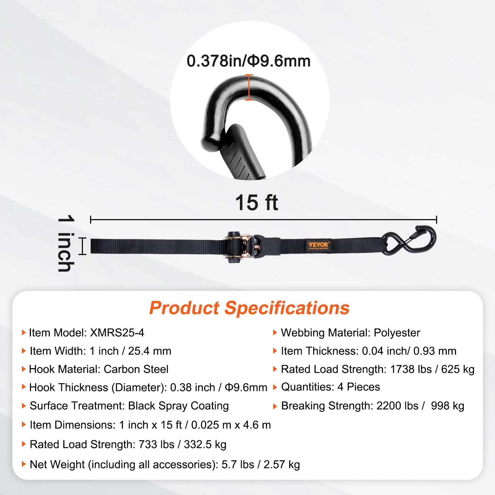 VEVOR Ratchet Tie Down Straps (4PK), 2200 lb Max Break Strength, Includes 4 Premium 1" x 15' Rachet Tie Downs with Padded Handles, for Moving Securing Cargo, Appliances, Lawn Equipment, Motorcycle