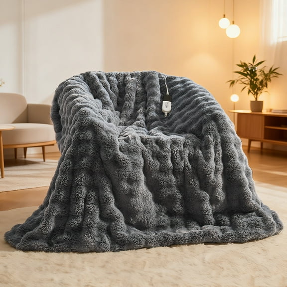 Dhole Heated Blanket Throw with 4 Hours Auto-Off 6 Heat Level, 50" * 60" Cozy Faux Rabbit Fur Bubble Electric Throw with Overheat Protection, Soft Fast Heating Blanket with ETL (Light Grey)