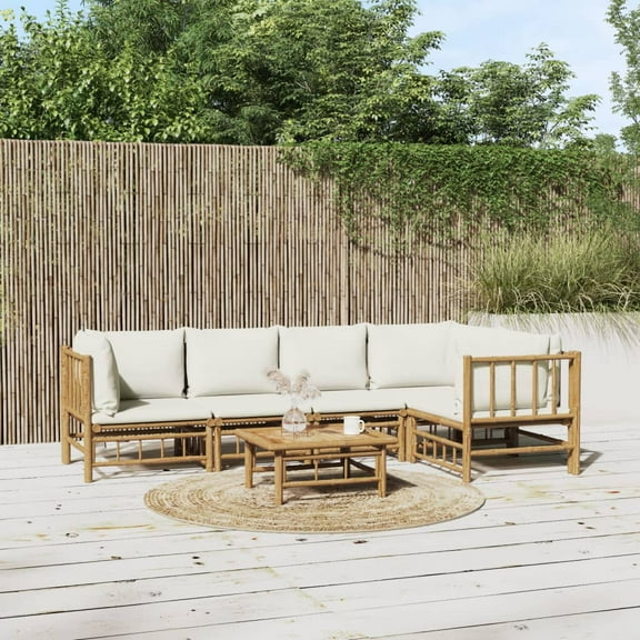 vidaXL 6 Piece Patio Lounge Set with Cream White Cushions Bamboo