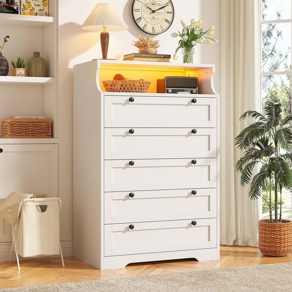 EnHomee White 5 Drawer Dresser with LED Light, 31.7"L x 15.9"W x 48.6"H, Modern Bedroom Furniture