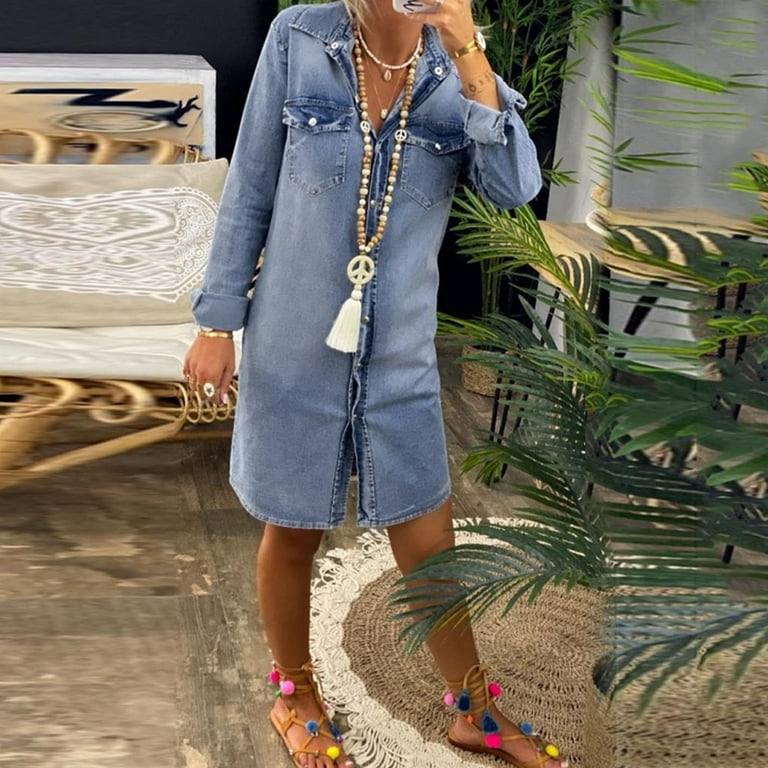 Summer Dress for Women Women S Summer Casual Turndown Neck Denim