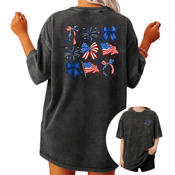 Giffimy Woman Vintage Washed Patriotic Bow Fireworks USA Graphic T-Shirt Short Sleeve S-2XL Oversized Summer Tee