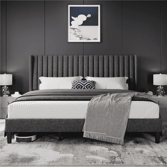 Yaheetech King Size Upholstered Bed Frame Wing-Designed Headboard, Dark Gray
