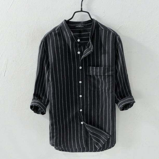 Men Linen Cotton 3/4 Sleeve Casual Striped Collarless Shirt Striped