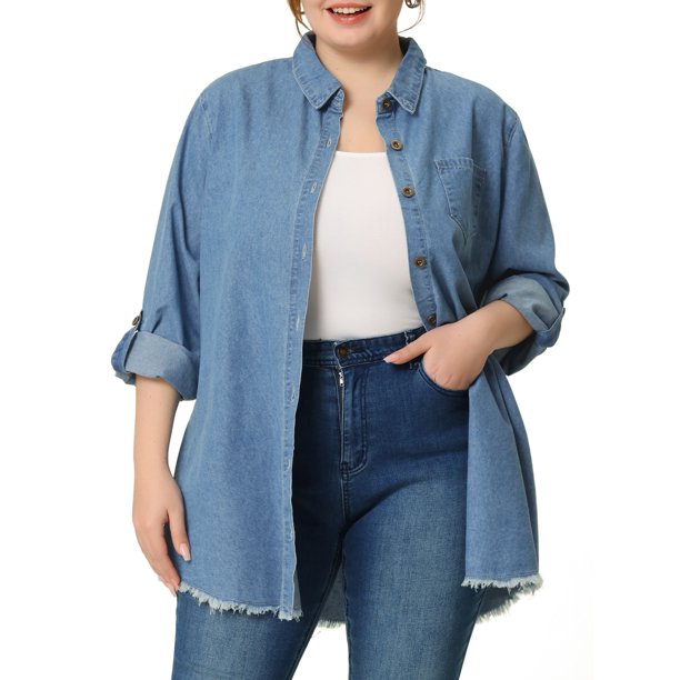 Camisas de talgrande pamujer Camide mezclilcon botones de cambray Azul claro 5X