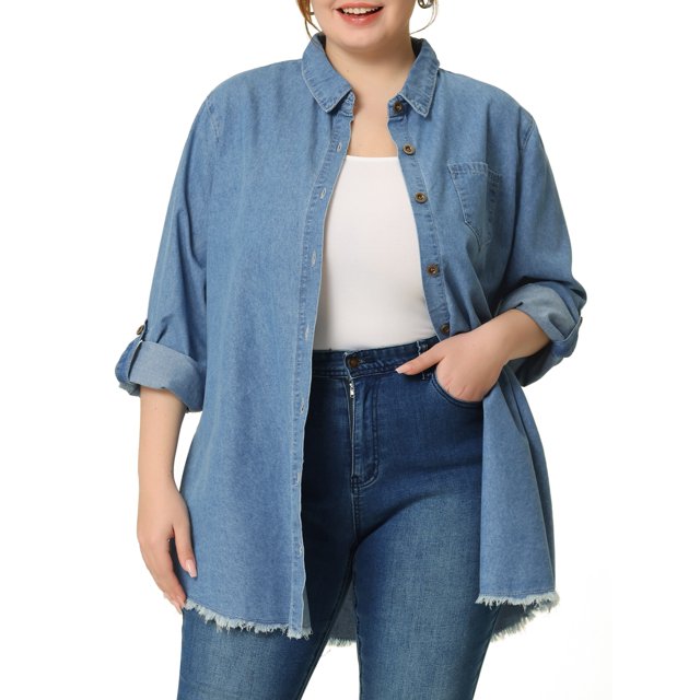 Camisas de talgrande pamujer Camide mezclilcon botones de cambray Azul claro 5X
