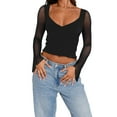 thumbnail image 1 of Gupgi Women Solid Color Sheer Mesh Long Sleeve T-Shirts Deep V Neck Cropped Tops Basic Tee, 1 of 7