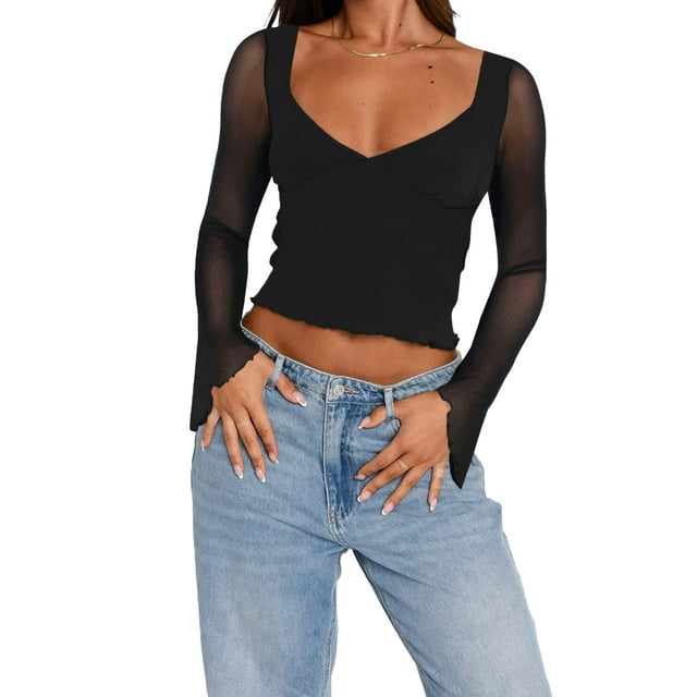 Fortune Women Mesh Long Sleeve Tops Deep V Neck Shirt Tee Basic Slim Fitted Crop Top