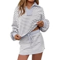 thumbnail image 2 of Gamivast Two Piece Outfits for Women Long Sleeve V Neck Collared Top And High Waisted Drawstring Mini Skirt Set Striped Trendy Casual Spring Outfits, 2 of 6