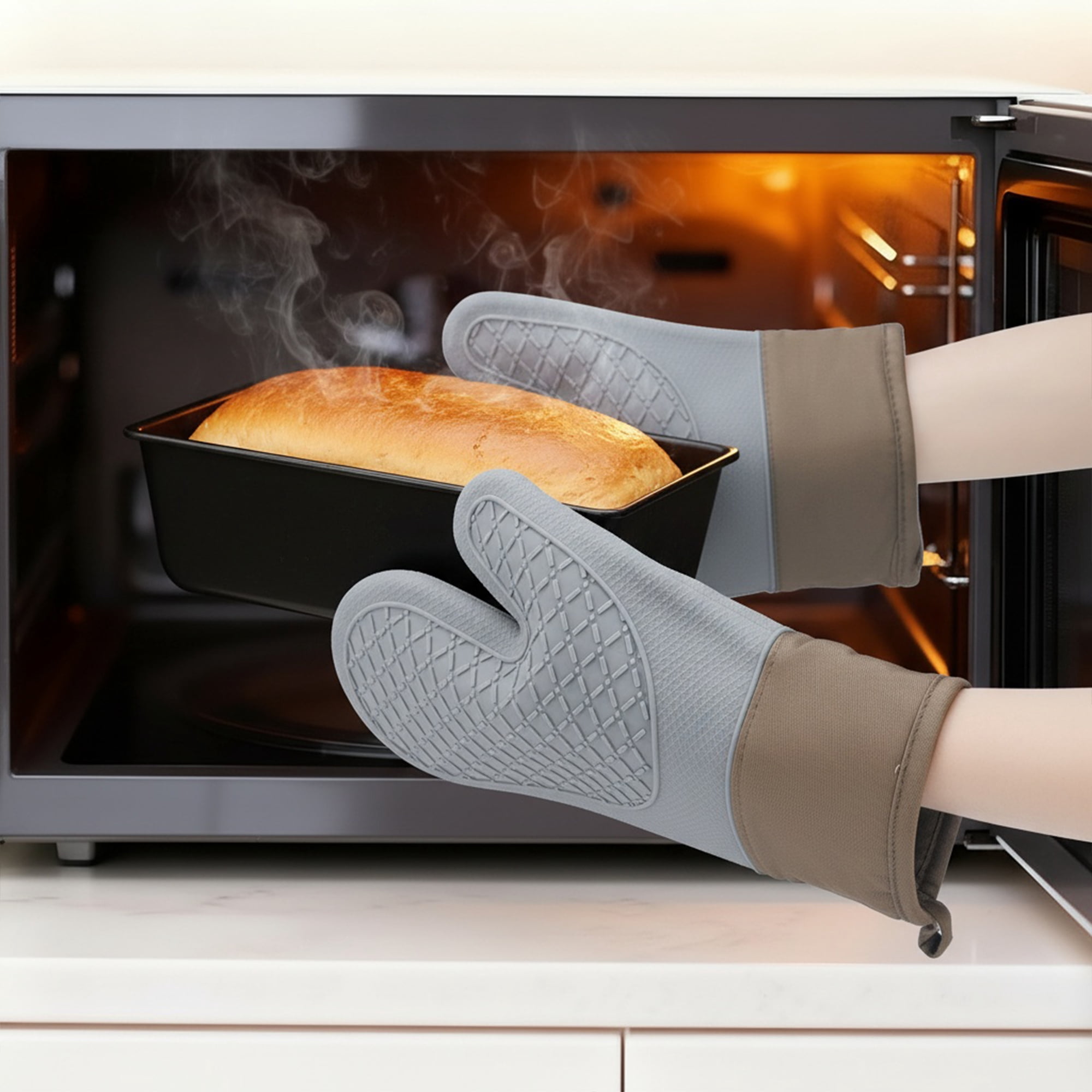 Unique Bargains 2pcs Soft Silicone and Cotton Heat-Resistant Oven Mitts Gray 11.2" x 7.7"