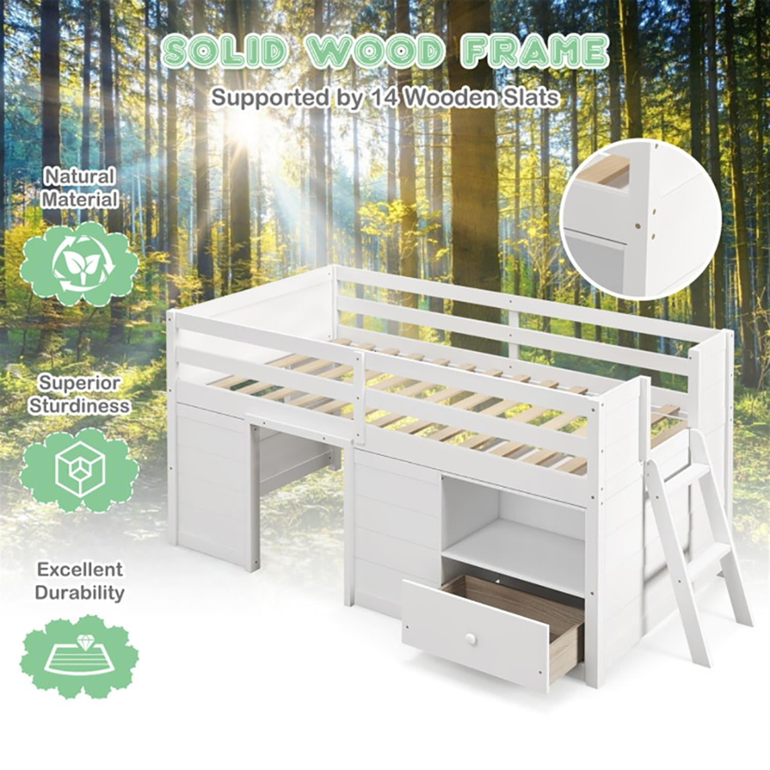 Demi Bonn Twin Size Solid Wood Low Loft Bed with Storage and Drawer for Teens, White