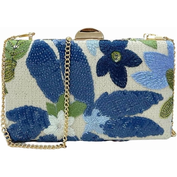 Kwuty Women's Sequin Floral Embroidery Evening Beaded Clutch Bags Elegant Mini Crossbody Purses Wedding Party Bag