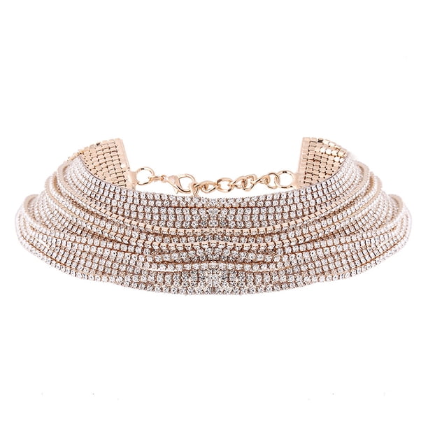 Collar de declaración en capas Diamond Crystal Multi-Chain para mujeres joyas de fiesta diaria (dorado)