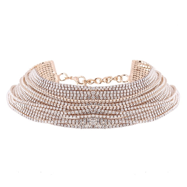 WORGEOUS Collar de declaración en capas Diamond Crystal Multi-Chain para mujeres joyas de fiesta diaria (dorado)