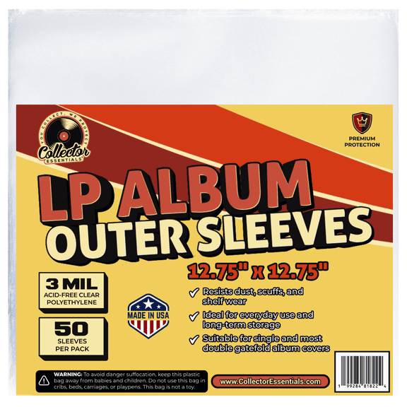Collector Essentials 50-pack LP Vinyl Record Storage Sleeves 3 Mil Archival Quality Outer Covers  Acid-Free Polyethylene – Made in USA – 12.75"x12.75"