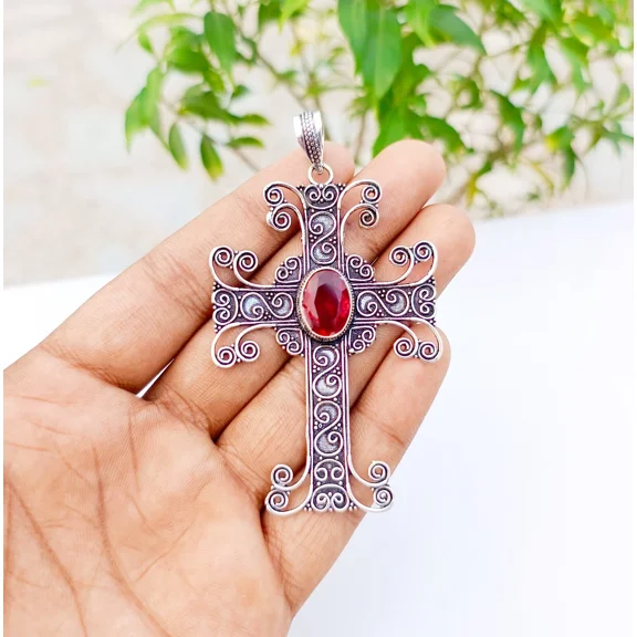 Garnet Cross Pendant 925 Sterling Silver Polished Handmade Gemstone Jewelry 3.18"
