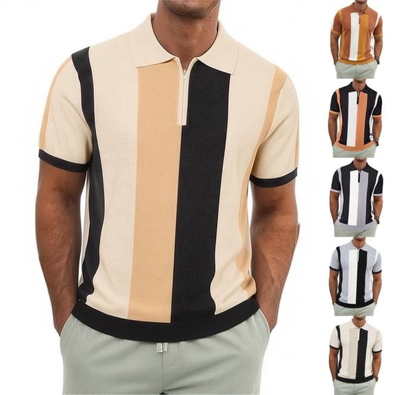 Men's Retro Striped Knit Polo Shirt, Quarter Zip Short Sleeve Casual Business Top, Breathable Soft Fabric for office, Daily and Semi-formal Wear, Sizes S-5XL Orange