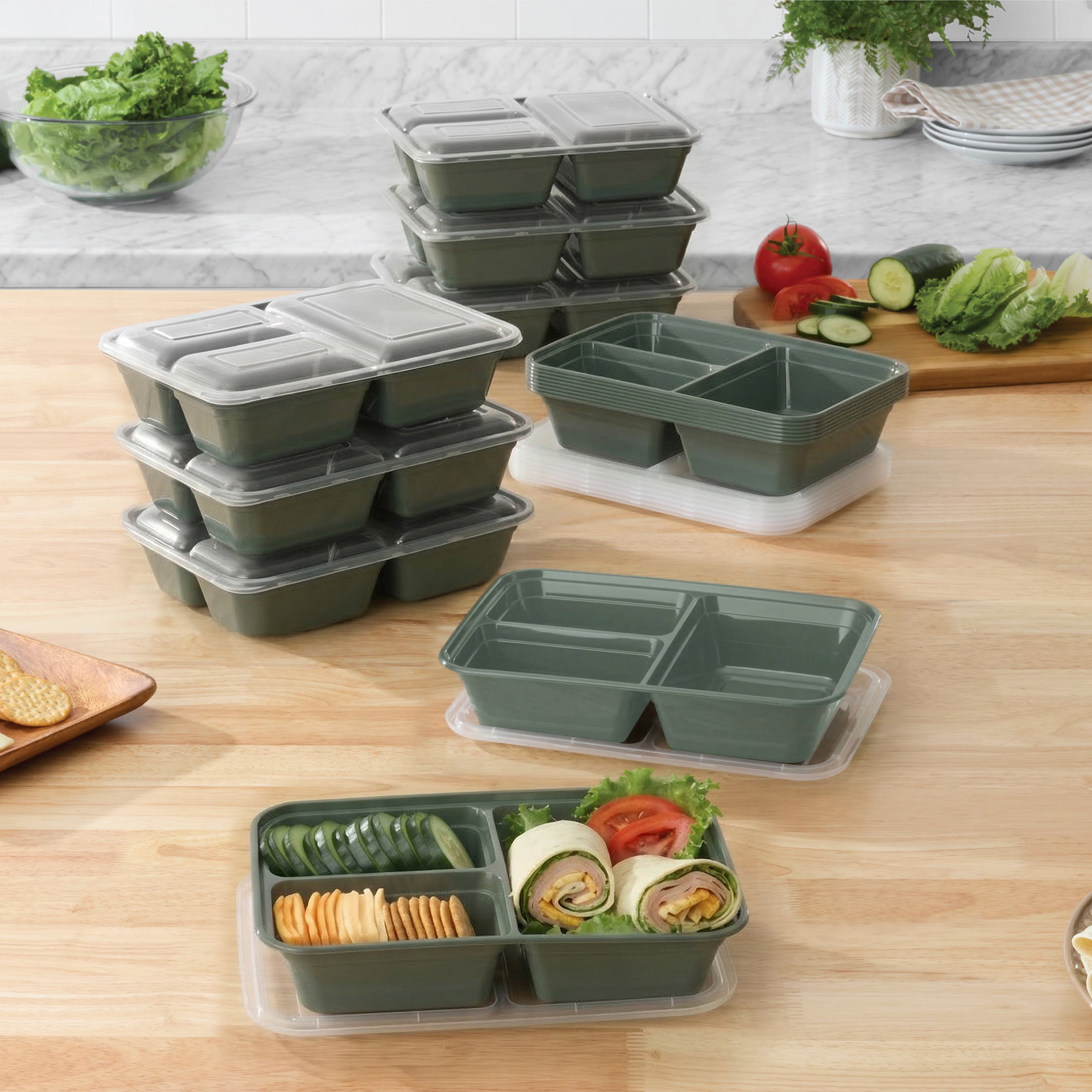 Mainstays 15-Pack 3-Compartment BPA-Free Meal Prep Food Storage Containers, Green Sage