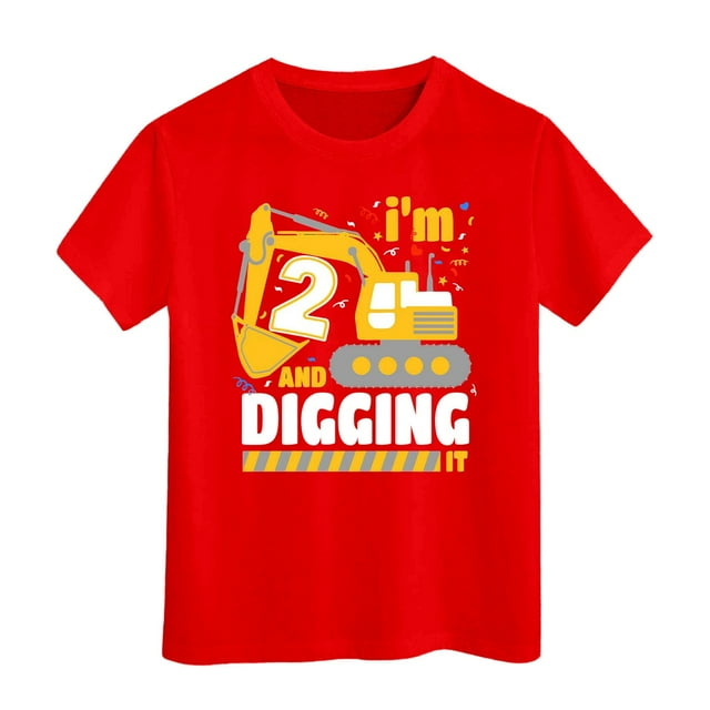 Hiiyo Big Boys T-Shirt Excavator Print Short Sleeved T Shirt, Red