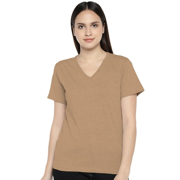 eloria Women's T-Shirt V-Neck Half Sleeve Casual Top Tan
