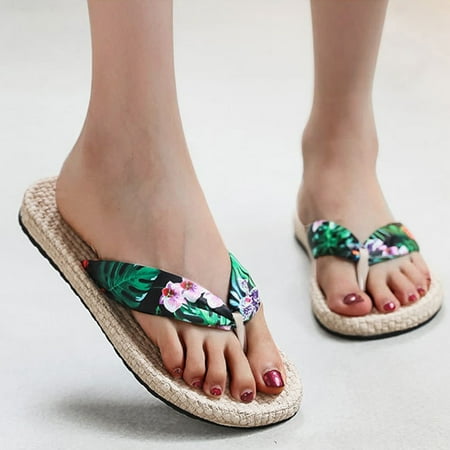 

uikmnh Slippers for Women Spring And Summer Rubber And Bottom Flip Flops Bohemian Cloth Belt Women s Slippers Black 9